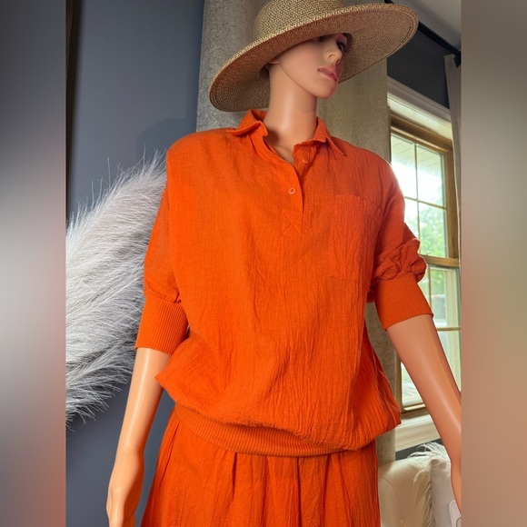 Vibrant Orange Shirt  A-Line Midi Skirt with Pleats - Picture 10 of 11